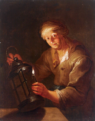 Anna Dorothea Therbusch: Bildnis einer alten Frau, die eine brennende Kerze in eine Laterne stellt (1770er)