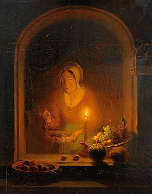 Eine Marktfrau bietet unter einem Fensterbogen Frchte an: Trauben, Pflaumen, Pfirsiche und Melonen, von Kerzenlicht beleuchtet (1836)