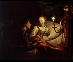 A Candlelight Scene: a Man Offering a Gold Chain and Coins to a Girl Seated on a Bed (ca. 1665-70), London, National Gallery