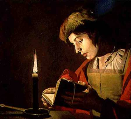 Junger Mann, lesend im Kerzenschein. Stockholm, Nationalmuseum